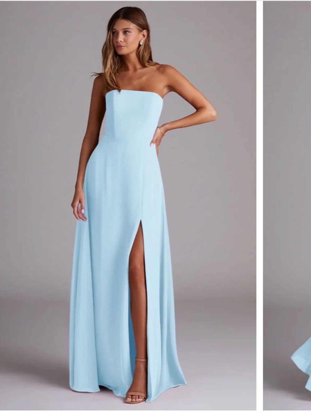Strapless Light Blue Azazie bridesmaid dress with Front Slit
